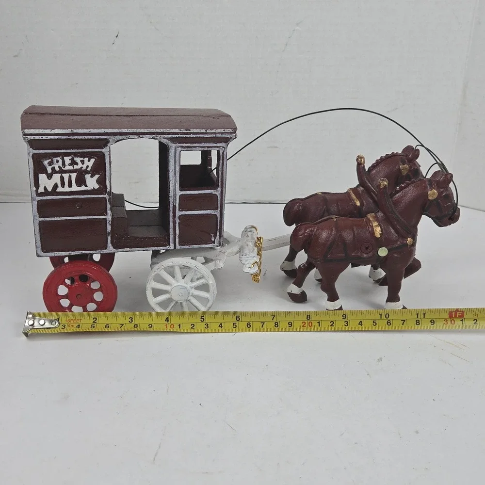 Cast Iron Horse Drawn Fresh Milk Delivery Wagon Brown Farmhouse Cottage Decor
